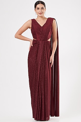 Maroon Pre-Draped Gown Saree by Dolly Nagpal