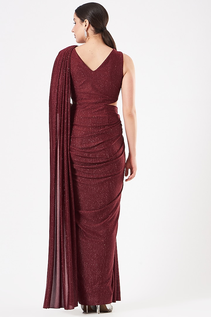 Maroon Pre-Draped Party Wear Gown Saree by Dolly Nagpal at Pernia's Pop Up Shop