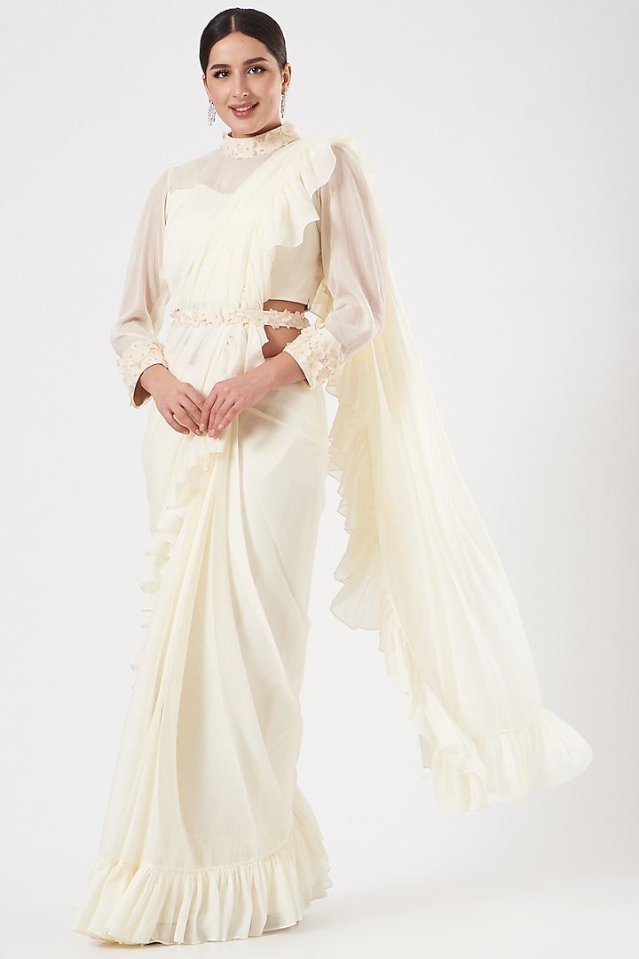 Ivory Embroidered Pre-Draped Saree Set by Dolly Nagpal
