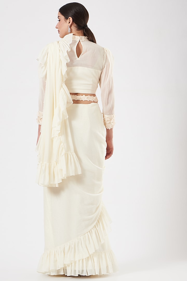 Ivory Embroidered Pre-Draped Party Wear Saree Set by Dolly Nagpal at Pernia's Pop Up Shop