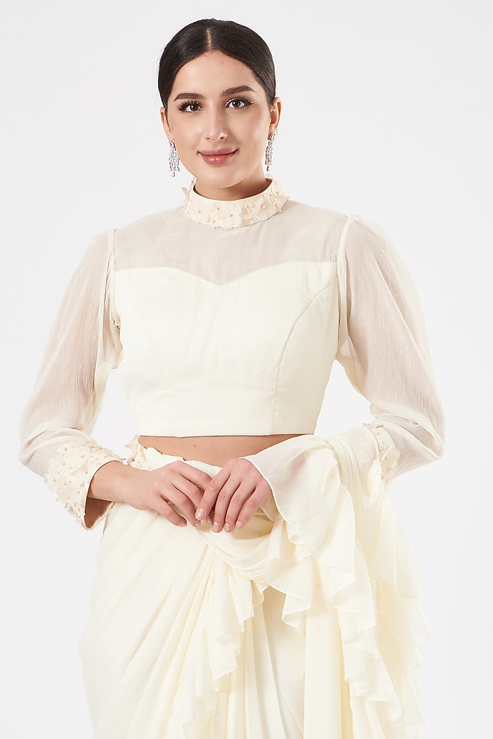 Ivory Embroidered Pre-Draped Party Wear Saree Set by Dolly Nagpal at Pernia's Pop Up Shop