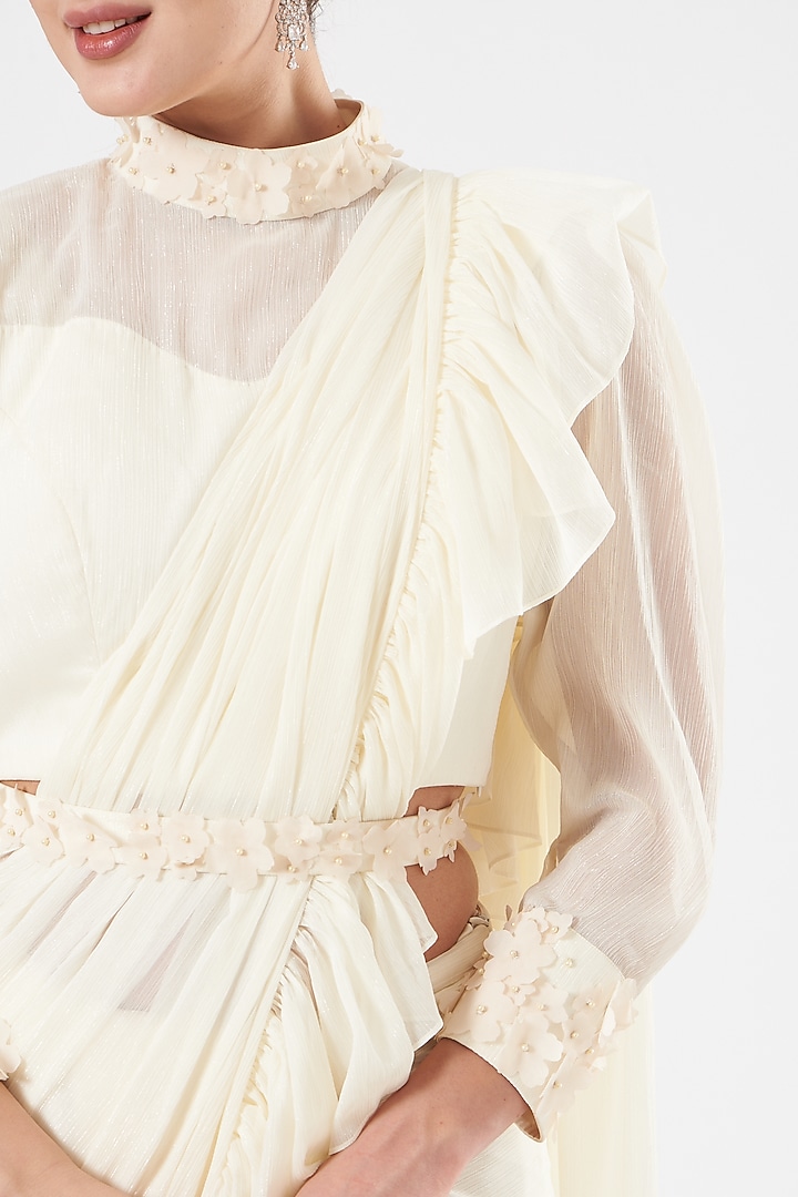 Ivory Embroidered Pre-Draped Party Wear Saree Set by Dolly Nagpal at Pernia's Pop Up Shop