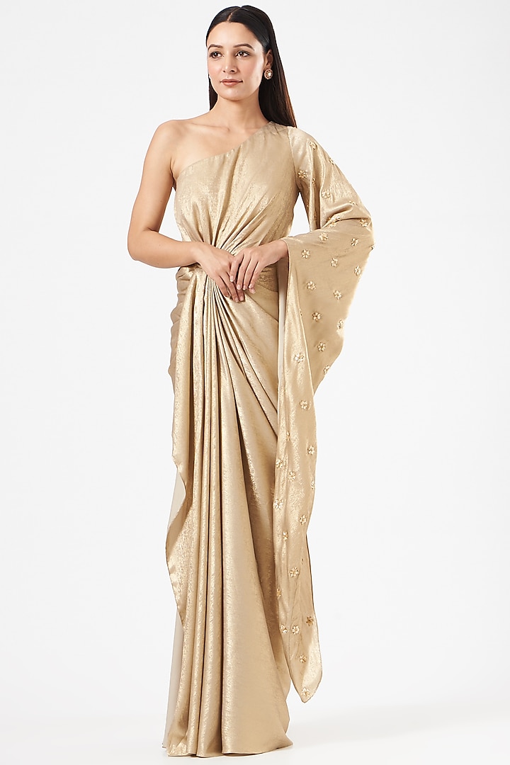 Gold Sequined One-Shoulder Draped Gown by Dolly Nagpal