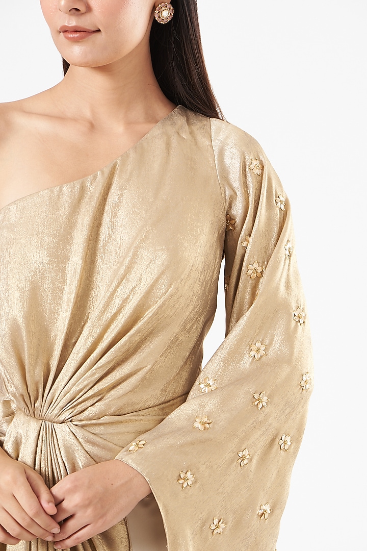 Gold Sequined One-Shoulder Draped Gown by Dolly Nagpal at Pernia's Pop Up Shop