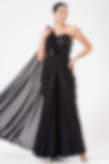 Black Shimmer Georgette Sequins Embroidered Pre-Draped Ruffled Gown by Dolly Nagpal