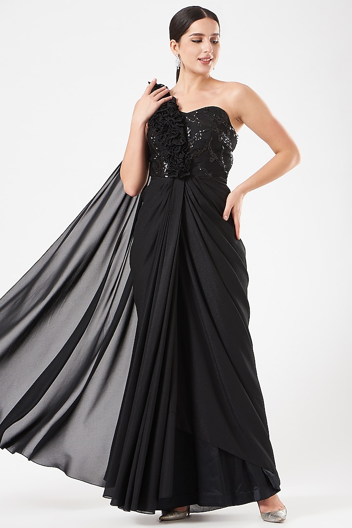 Black Shimmer Georgette Sequins Embroidered Pre-Draped Ruffled Gown by Dolly Nagpal