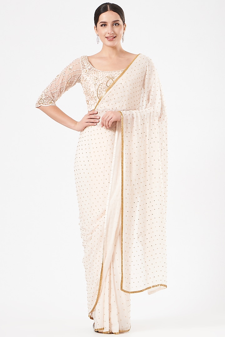 Ivory Embroidered Pre-Draped Saree Set by Dolly Nagpal