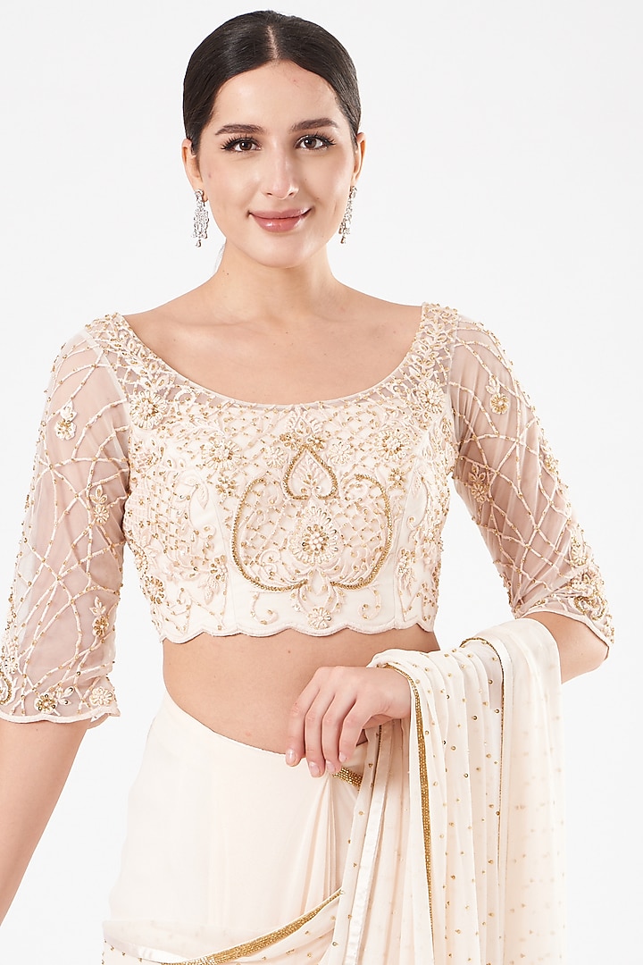 Ivory Embroidered Pre-Draped Wedding Saree Set by Dolly Nagpal at Pernia's Pop Up Shop