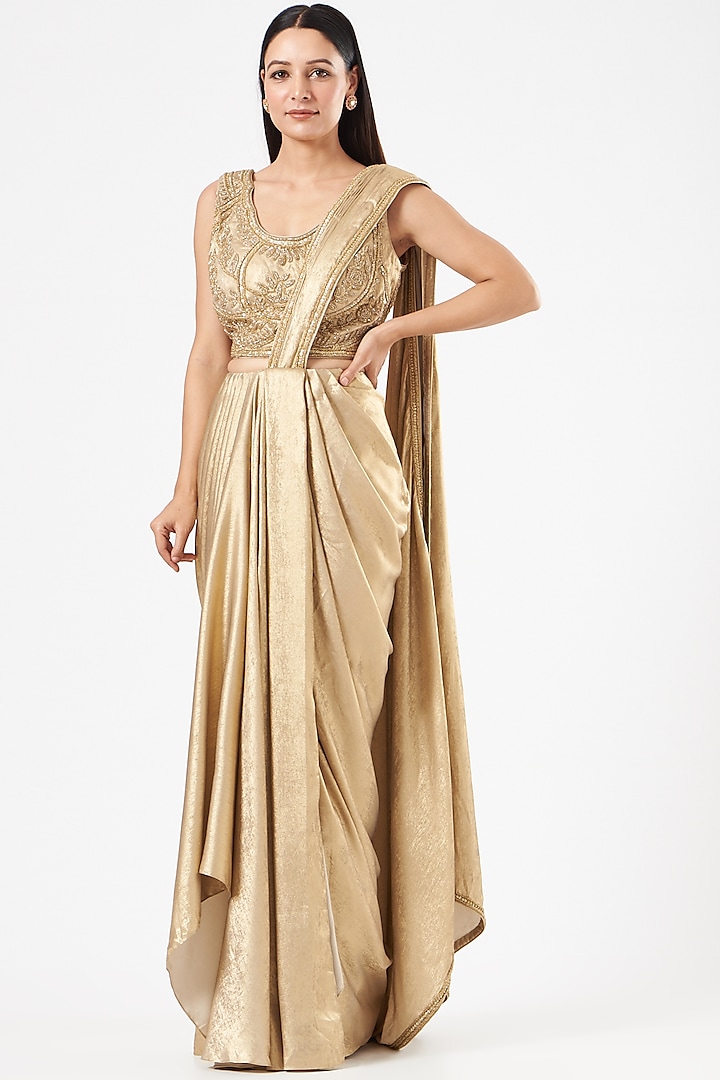 Beige Pre-Draped Embroidered Saree Set by Dolly Nagpal