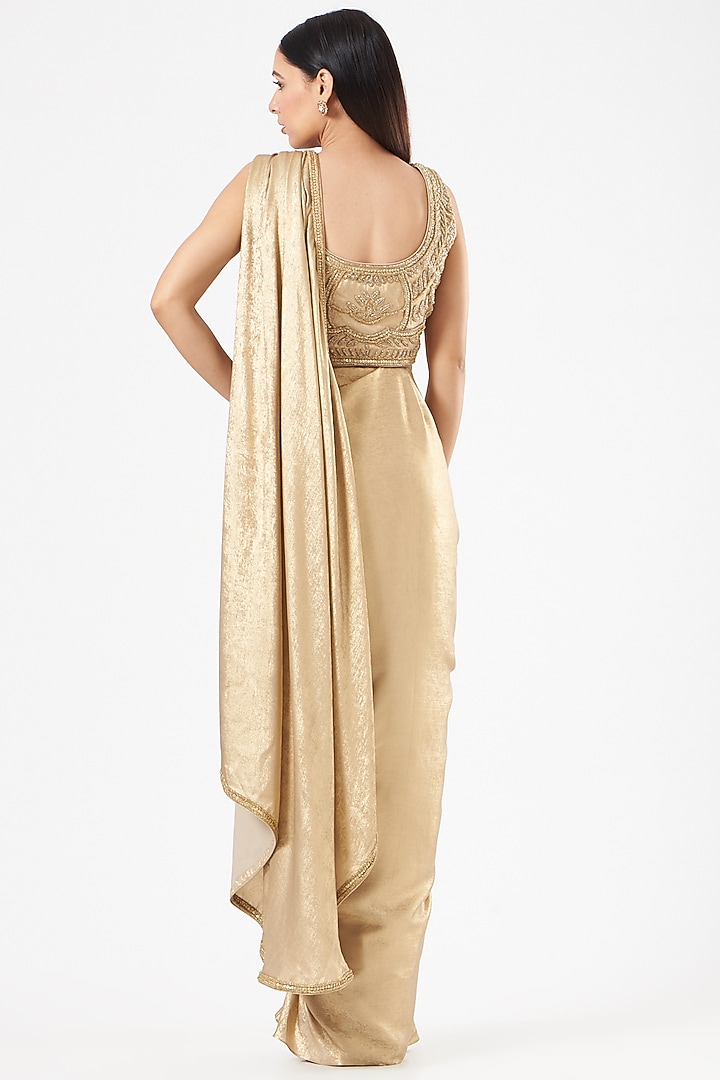 Beige Pre-Draped Embroidered Wedding Saree Set by Dolly Nagpal at Pernia's Pop Up Shop
