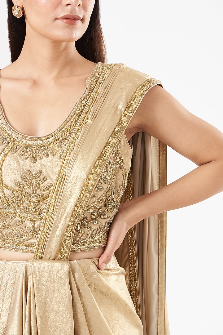 Beige Pre-Draped Embroidered Wedding Saree Set by Dolly Nagpal at Pernia's Pop Up Shop