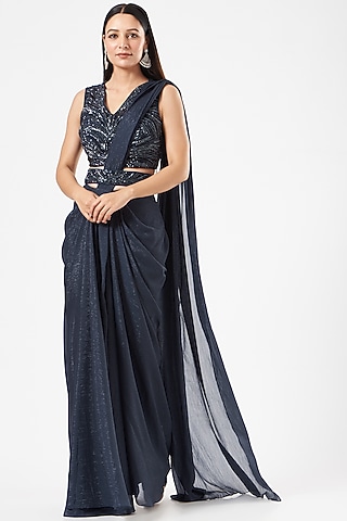 Blue Pre-Draped Embroidered Saree Set by Dolly Nagpal