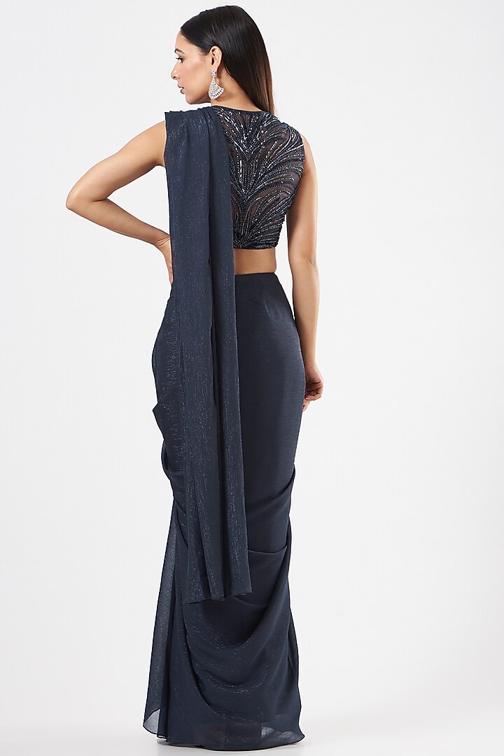Blue Pre-Draped Embroidered Wedding Saree Set by Dolly Nagpal at Pernia's Pop Up Shop