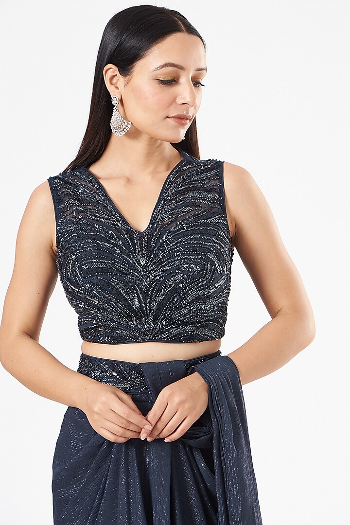 Blue Pre-Draped Embroidered Wedding Saree Set by Dolly Nagpal at Pernia's Pop Up Shop