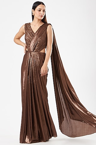 Brown Metallic Lycra Cocktail Gown Saree by Dolly Nagpal