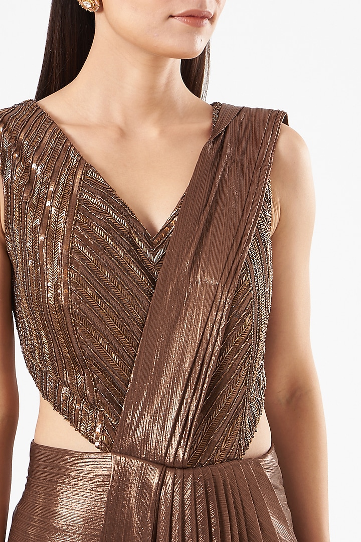 Brown Metallic Lycra Cocktail Wedding Gown Saree by Dolly Nagpal at Pernia's Pop Up Shop