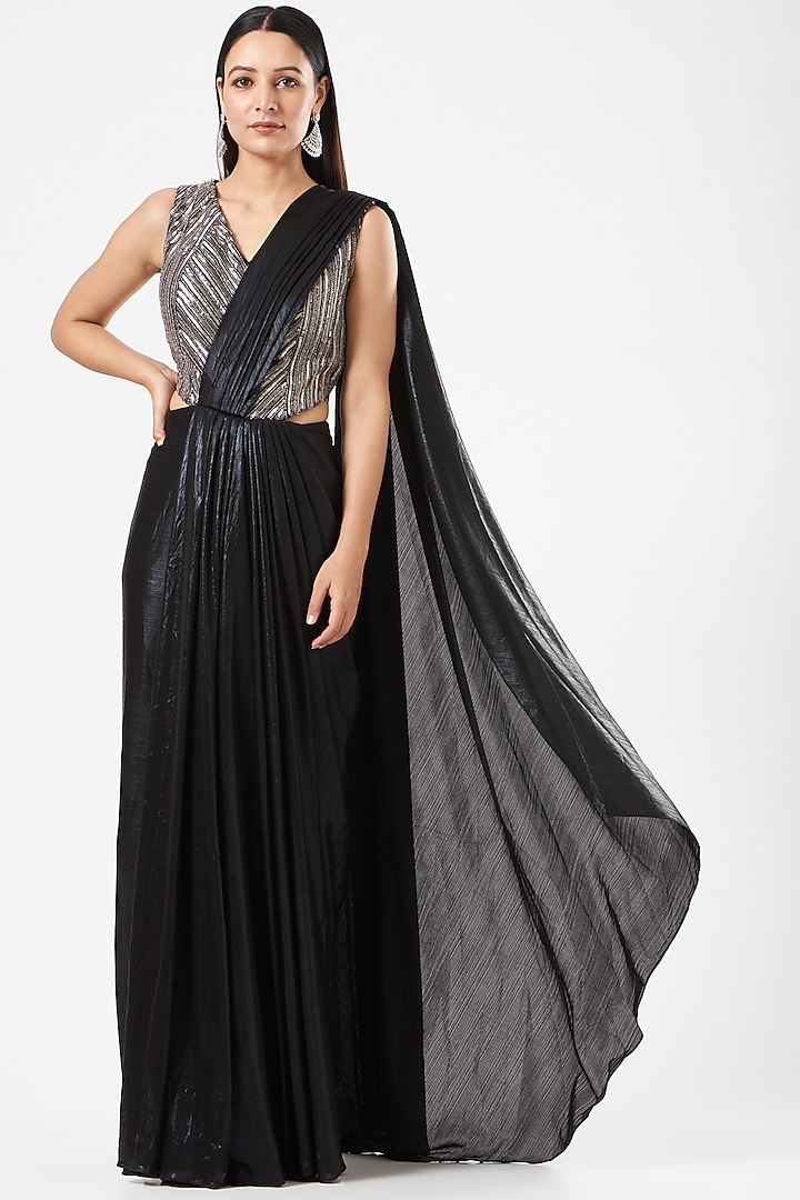 Black Metallic Lycra Cocktail Gown Saree by Dolly Nagpal