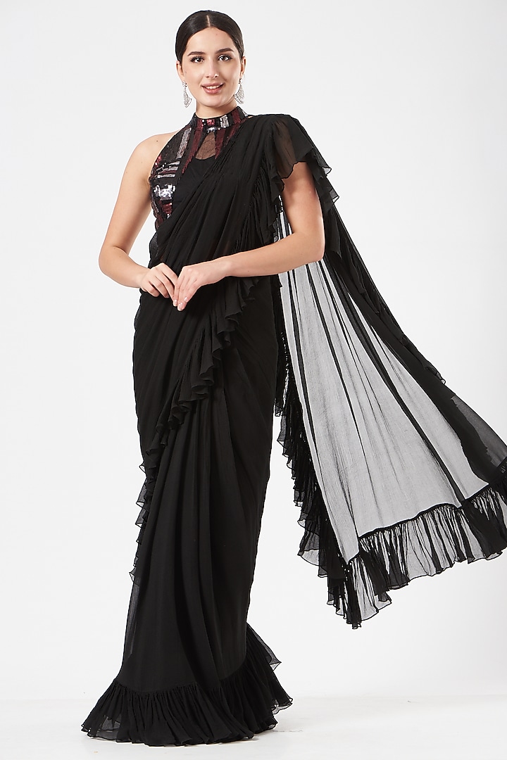 Black Pre-Draped Ruffled Saree Set by Dolly Nagpal