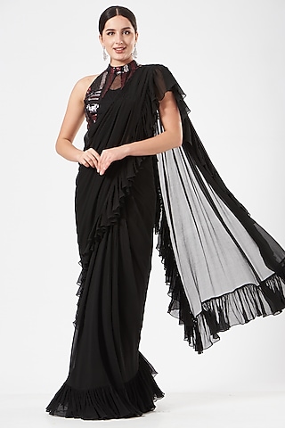 Black Pre-Draped Ruffled Saree Set by Dolly Nagpal