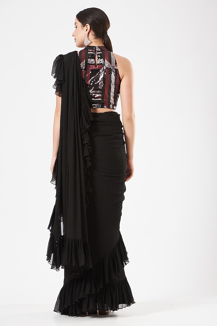Black Pre-Draped Ruffled Party Wear Saree Set by Dolly Nagpal at Pernia's Pop Up Shop