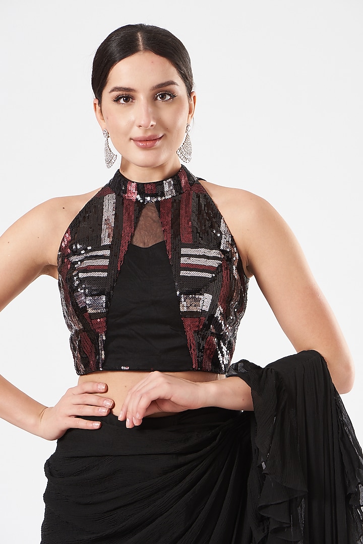 Black Pre-Draped Ruffled Party Wear Saree Set by Dolly Nagpal at Pernia's Pop Up Shop