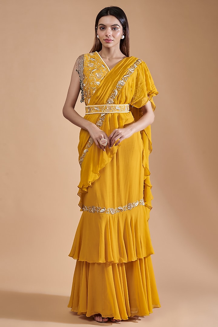Mustard Yellow Georgette Embroidered Layered Ruffle Saree Set by Dolly Nagpal