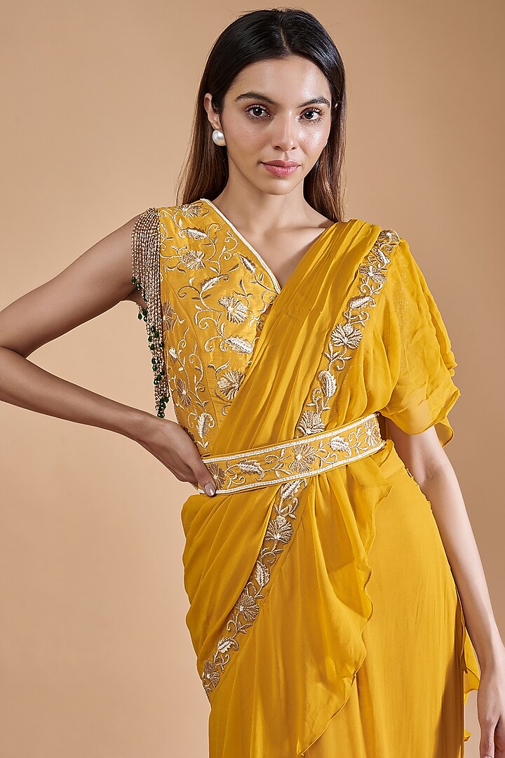 Yellow Georgette Ruffle Saree with Beads Embroidered Blouse and Waist Belt