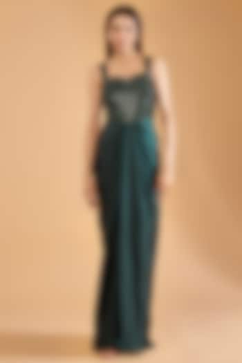 Bottle Green Satin Embroidered Draped Gown by Dolly Nagpal at Pernia's Pop Up Shop