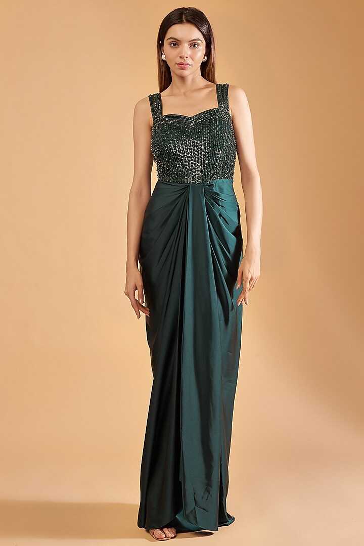 Bottle Green Satin Embroidered Draped Gown by Dolly Nagpal at Pernia's Pop Up Shop