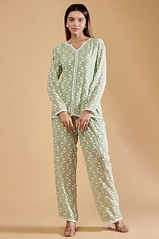 Mint Green Chiffon Printed Co-Ord Set by Dolly Nagpal