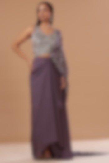 Purple Wrinkle Shimmer Chiffon Embroidered Pre-Draped Saree Set by Dolly Nagpal at Pernia's Pop Up Shop