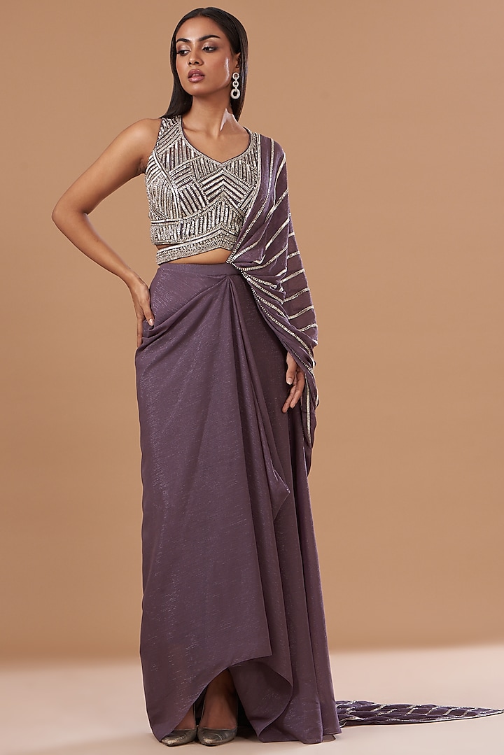 Purple Wrinkle Shimmer Chiffon Embroidered Pre-Draped Saree Set by Dolly Nagpal at Pernia's Pop Up Shop