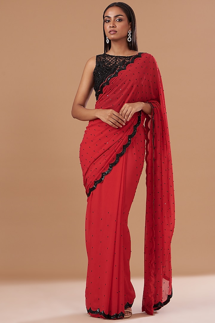 Red Georgette Embroidered Saree Set by Dolly Nagpal