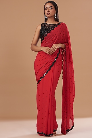 Red Georgette Embroidered Saree Set by Dolly Nagpal