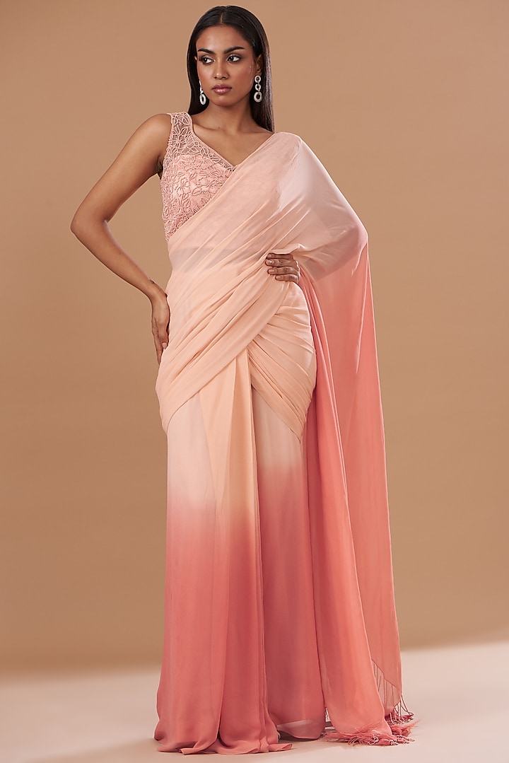 Peach Ombre Georgette Pre-Draped Saree Set by Dolly Nagpal