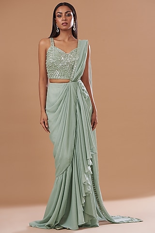 Sage Green Wrinkle Shimmer Chiffon Embroidered Pre-Draped Saree Set by Dolly Nagpal