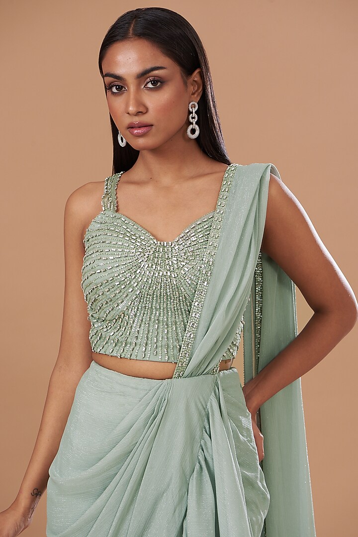 Sage Green Wrinkle Shimmer Chiffon Embroidered Pre-Draped Wedding Saree Set by Dolly Nagpal at Pernia's Pop Up Shop