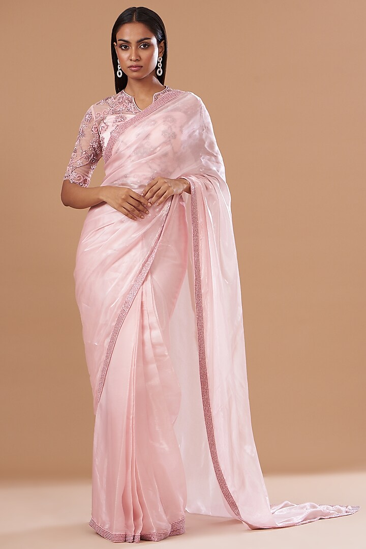 Baby Pink Organza Embroidered Pre-Draped Saree Set by Dolly Nagpal