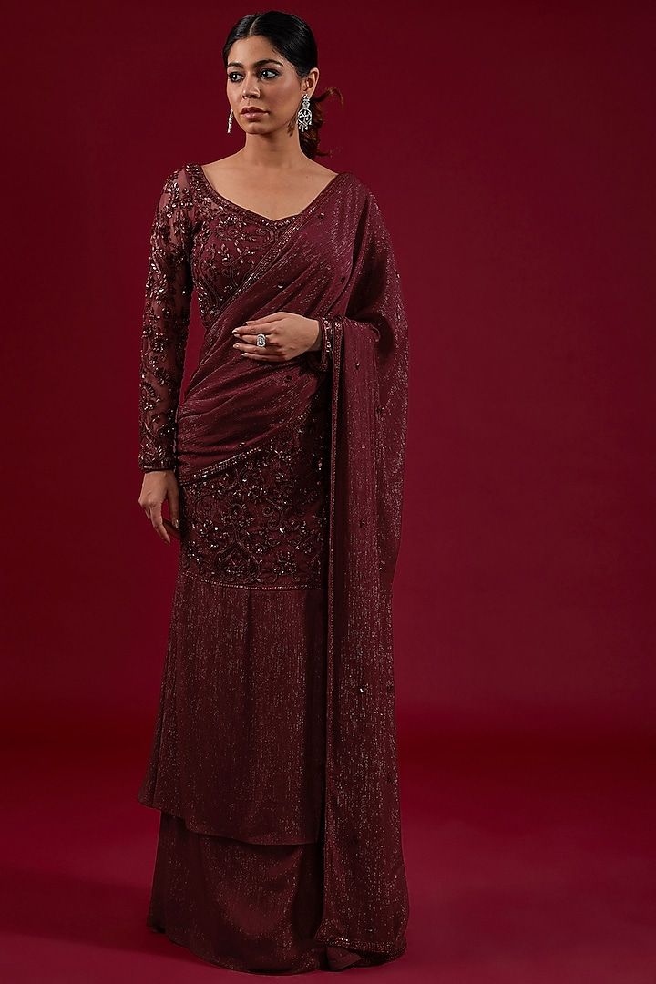Maroon Wrinkle Shimmer Chiffon Sequins Embroidered Pre-Draped Saree Set by Dolly Nagpal