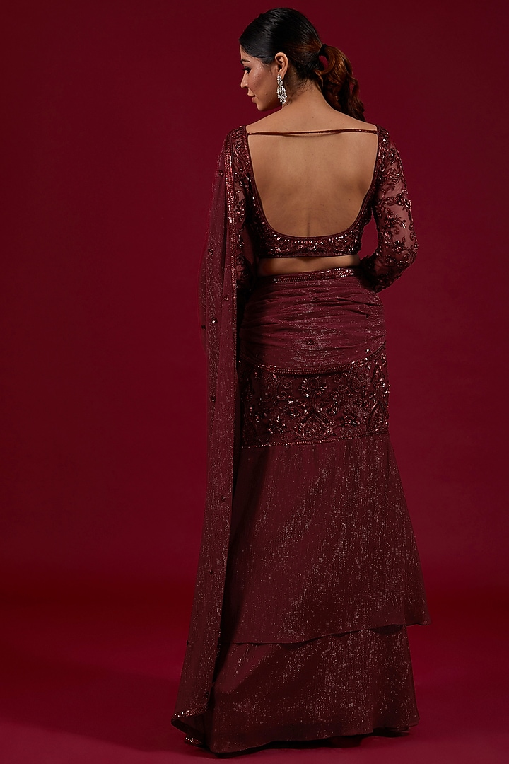 Maroon Wrinkle Shimmer Chiffon Sequins Embroidered Pre-Draped Wedding Saree Set by Dolly Nagpal at Pernia's Pop Up Shop