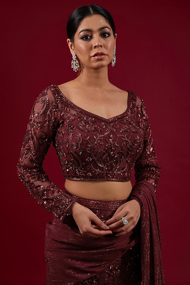Maroon Wrinkle Shimmer Chiffon Sequins Embroidered Pre-Draped Wedding Saree Set by Dolly Nagpal at Pernia's Pop Up Shop