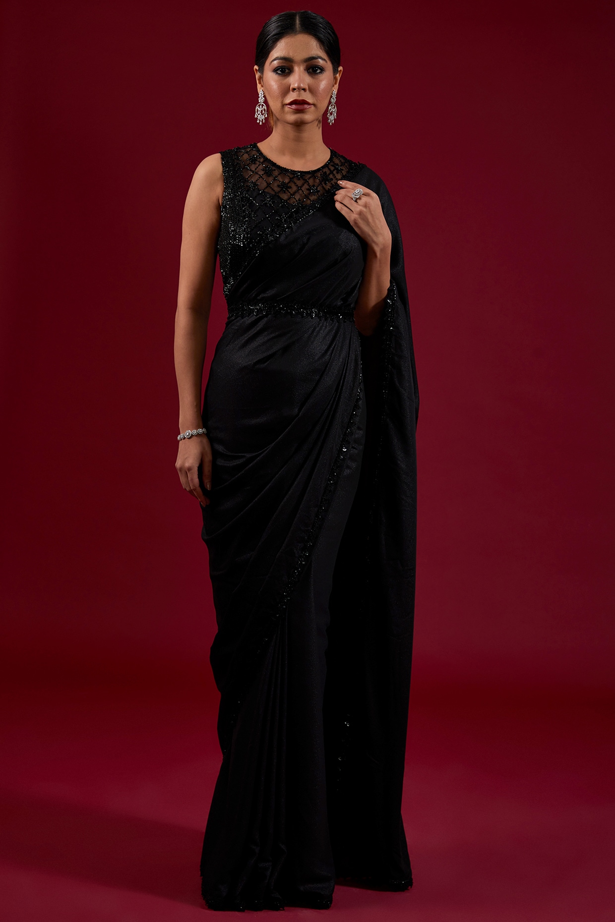 Pre Stitched Lycra Shimmer Saree in Black : SDVA371