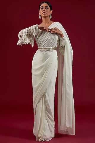 White Shimmer Georgette Pre-Stitched Saree Set by Dolly Nagpal