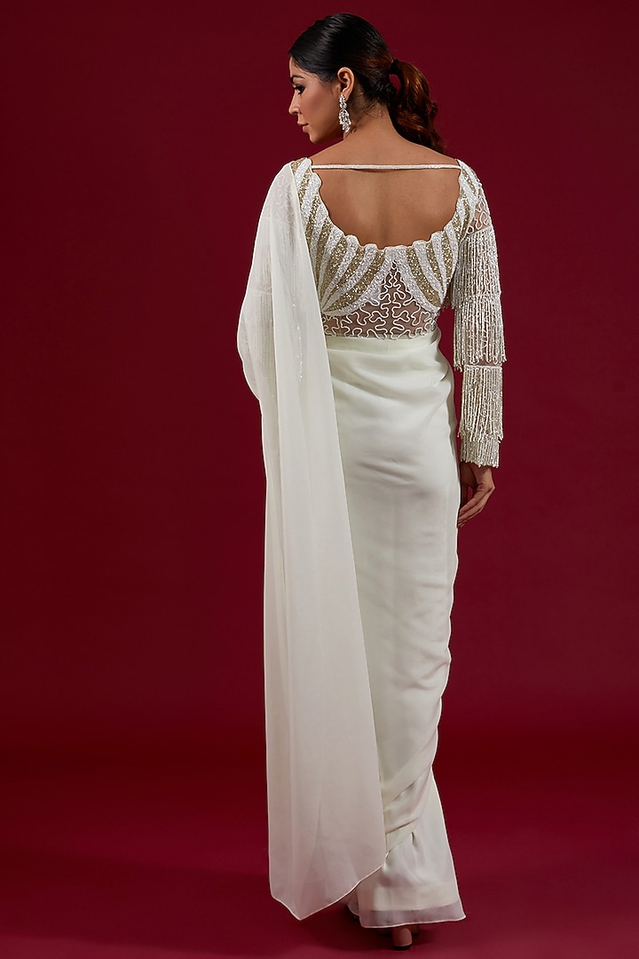 White Shimmer Georgette Pre-Stitched Wedding Saree Set by Dolly Nagpal at Pernia's Pop Up Shop