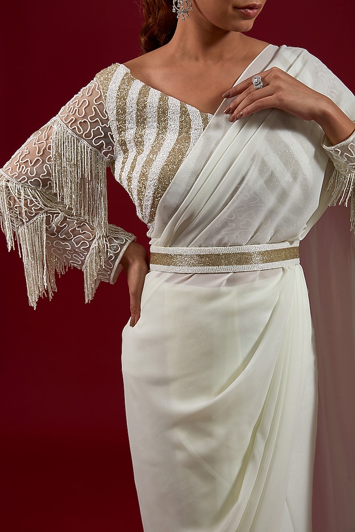 White Shimmer Georgette Pre-Stitched Wedding Saree Set by Dolly Nagpal at Pernia's Pop Up Shop
