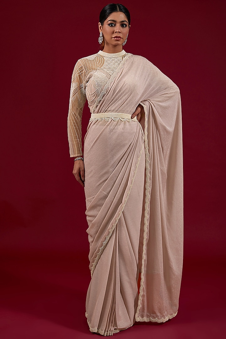 Powder Pink Wrinkle Shimmer Chiffon Pearl Embroidered Pre-Draped Saree Set by Dolly Nagpal at Pernia's Pop Up Shop