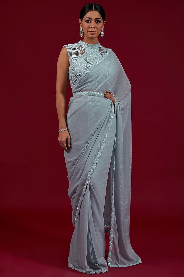 Light Blue Wrinkle Shimmer Chiffon Pearl Embroidered Pre-Draped Saree Set by Dolly Nagpal