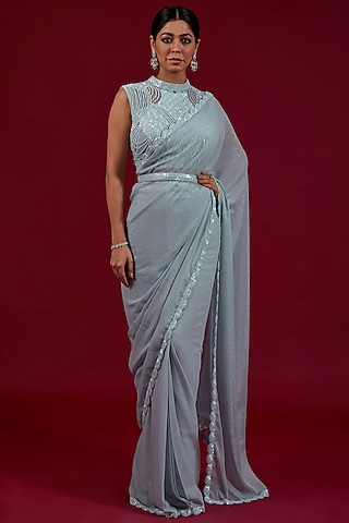 Light Blue Wrinkle Shimmer Chiffon Pearl Embroidered Pre-Draped Saree Set by Dolly Nagpal
