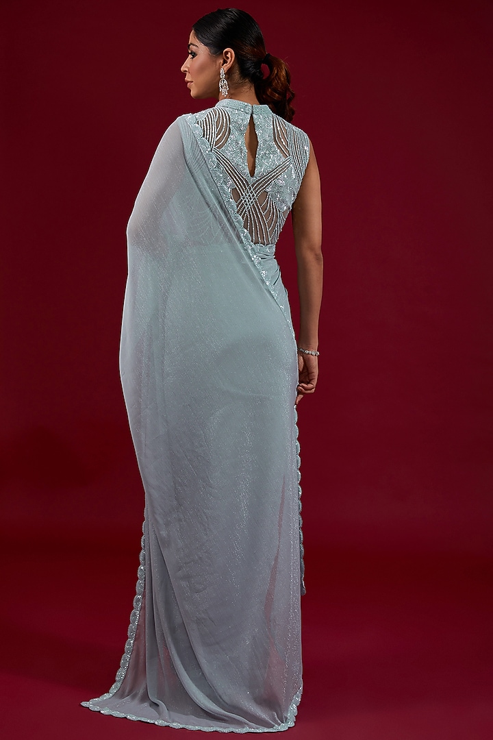 Light Blue Wrinkle Shimmer Chiffon Pearl Embroidered Pre-Draped Wedding Saree Set by Dolly Nagpal at Pernia's Pop Up Shop