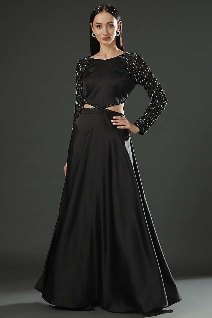 Black Satin Embroidered Gown by Dolly Nagpal
